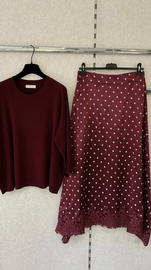 A3222 Burgundy Top & Skirt Set
