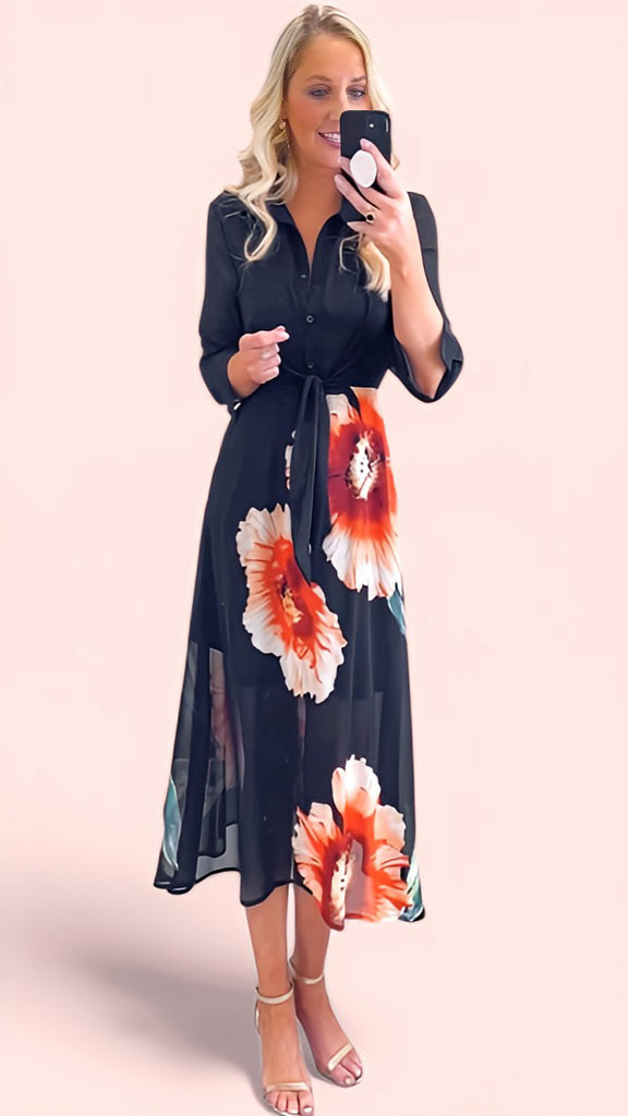 A1571 Isabella Black Floral Shirt Dress