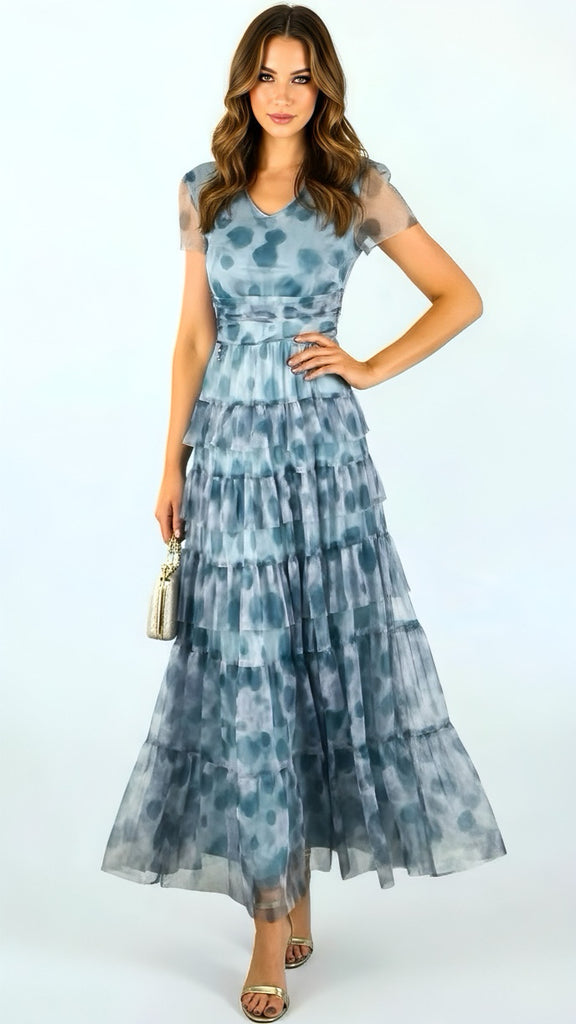 A2659 Grey Print Malva Flounce Maxi Dress