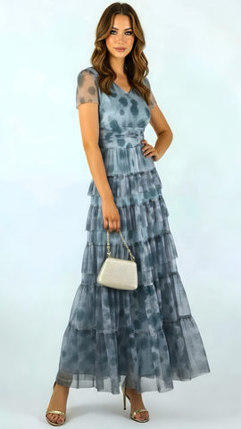 4-A2087BB Blue Dotty Velvet Pleat Dress