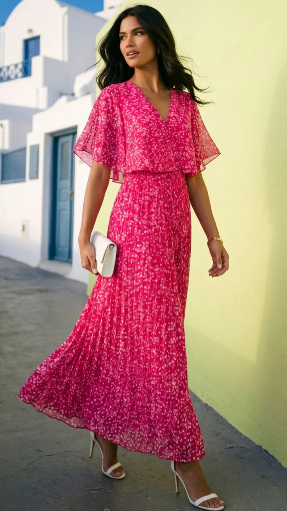 A3089 Pink Print Cape Pleat Dress