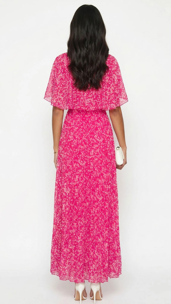 A3089 Pink Print Cape Pleat Dress