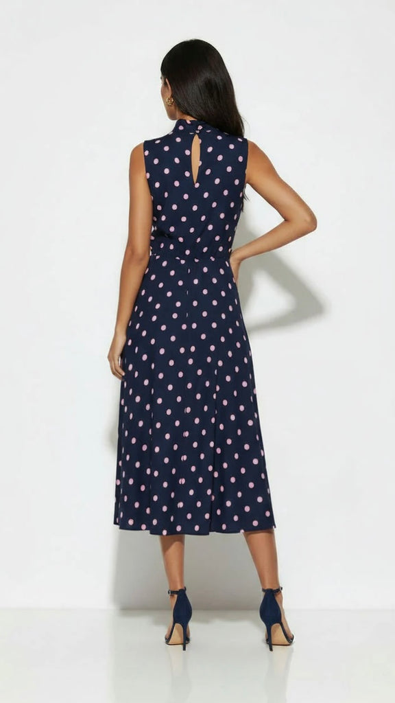 A3093 Navy Polka Dot Midi Dress