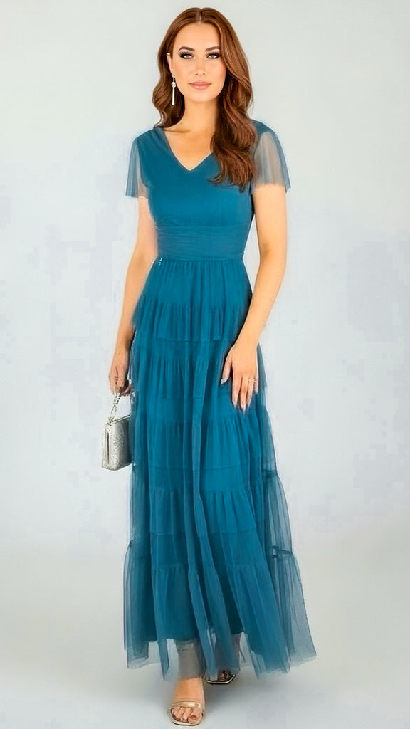 A2665 Teal Malva Flounce Maxi Dress