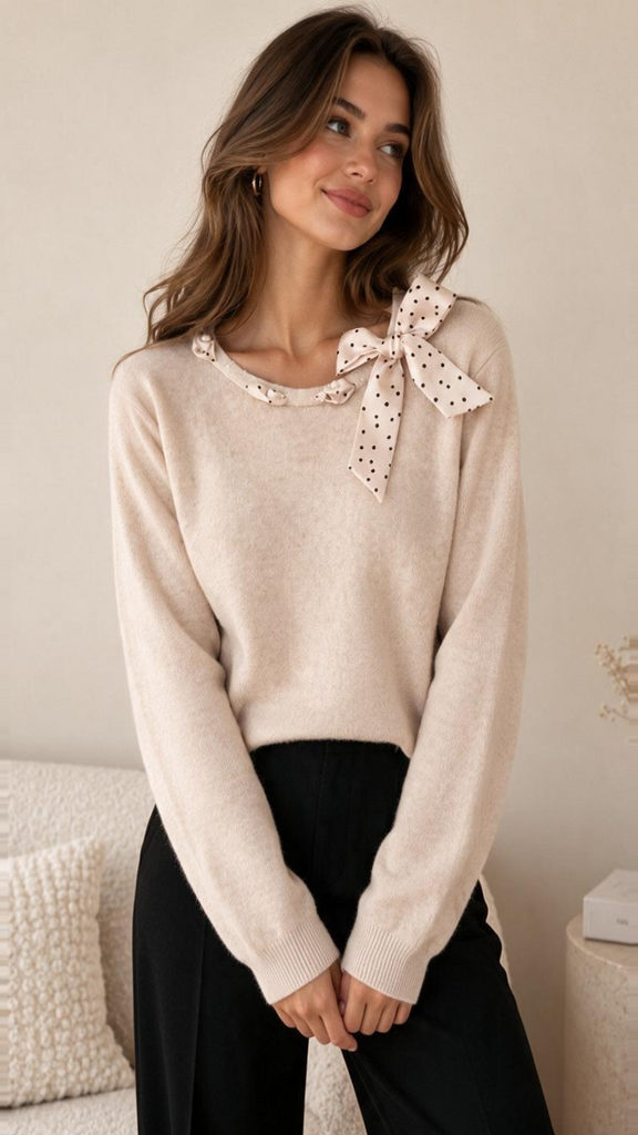 A3251 Cream Fine Knit Scarf Sweater