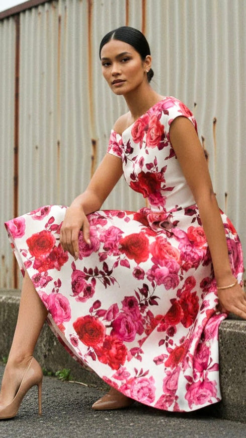 A3063 Sueann Floral Bardot Flare Dress