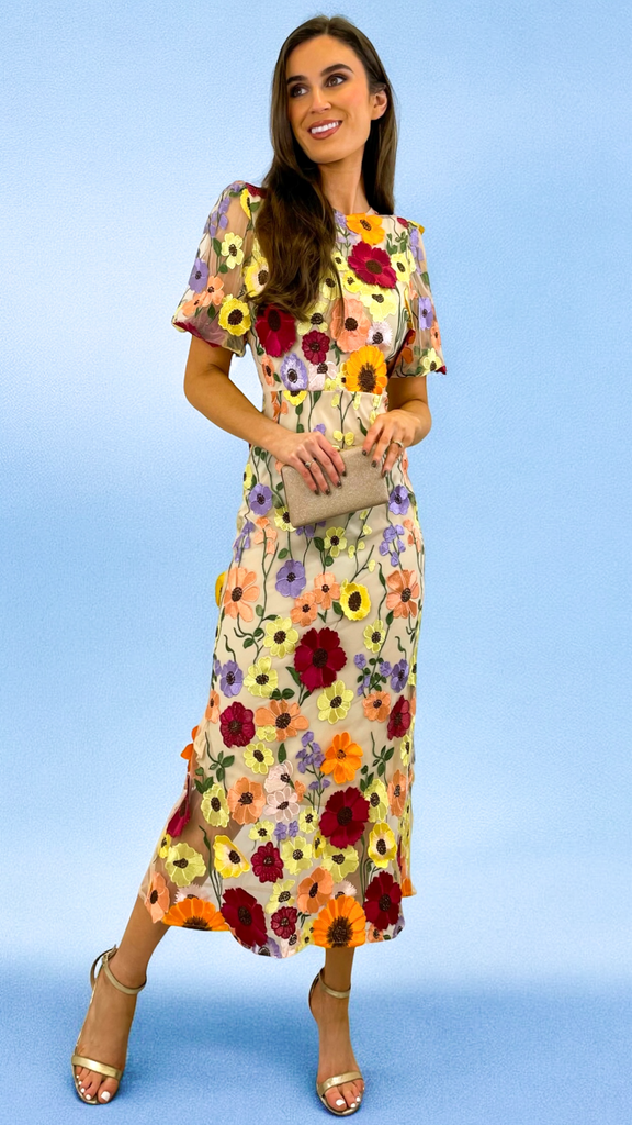 5-A2244 Debra Beige Multi 3D Floral Dress