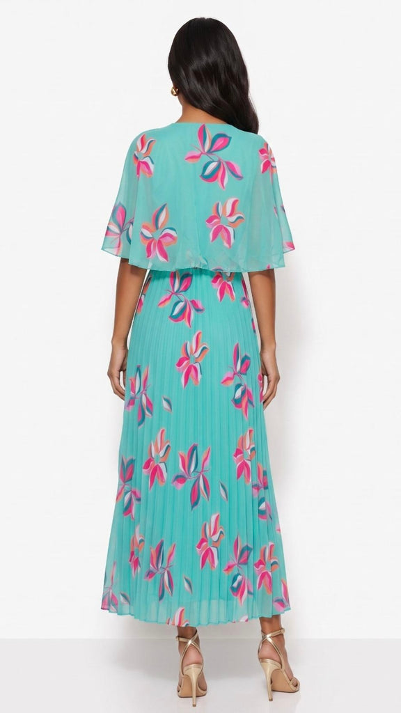 A3142 Nicole Turquoise Print Cape Dress