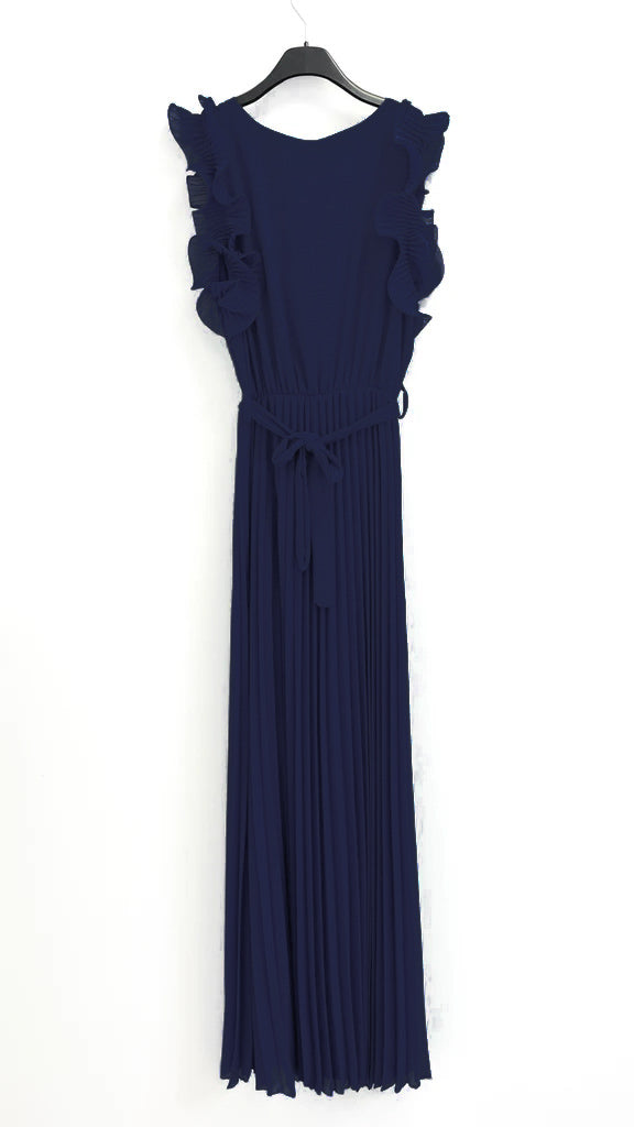 A2327 Navy Ruffle Pleat Dress