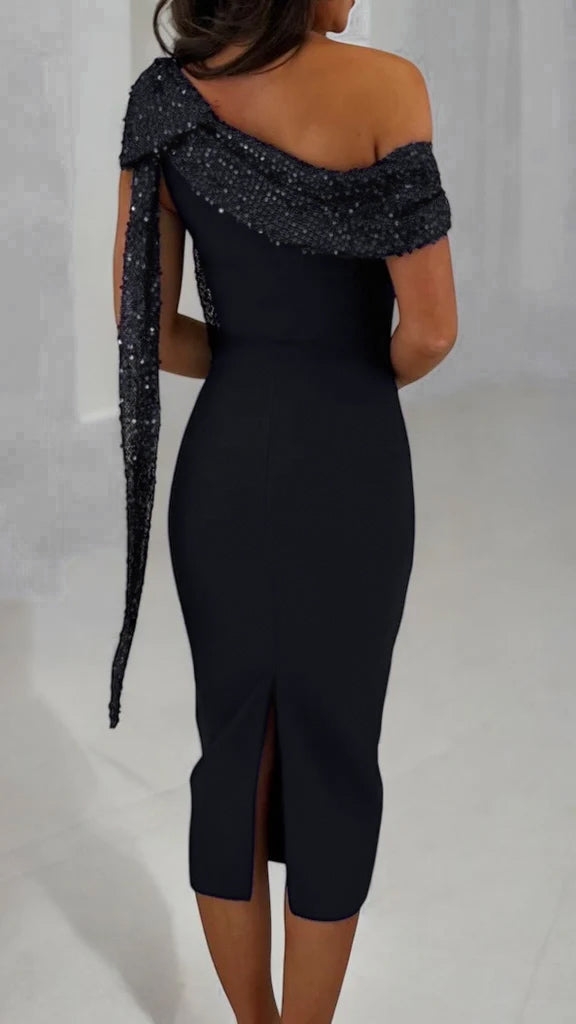 A2053 Black Bandage Sequin Trim Dress