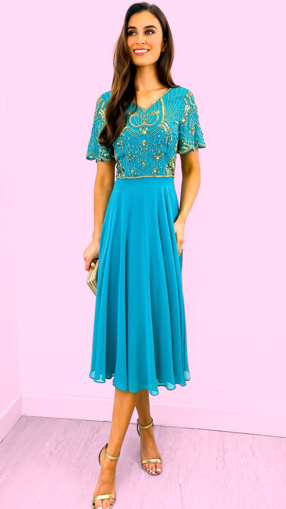 A2226 Turquoise Embellished Flare Dress