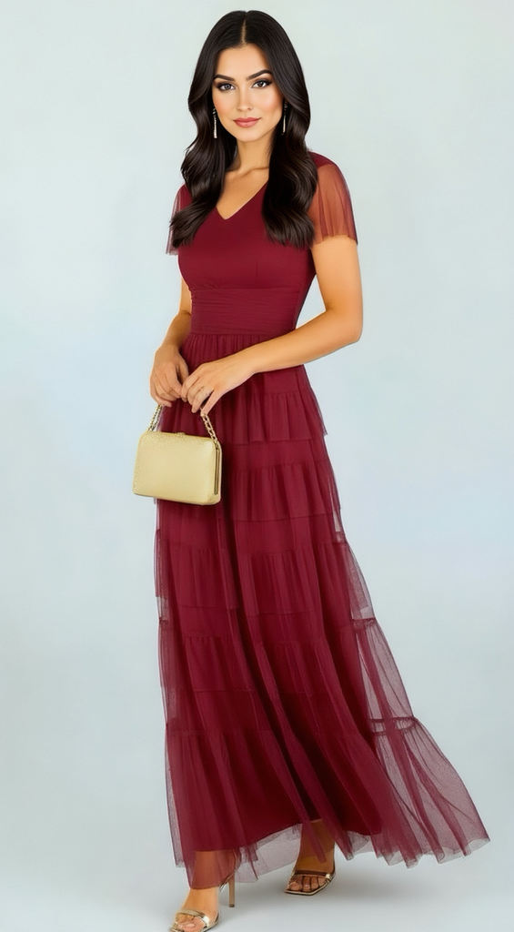 A2686 Burgundy Malva Flounce Maxi Dress