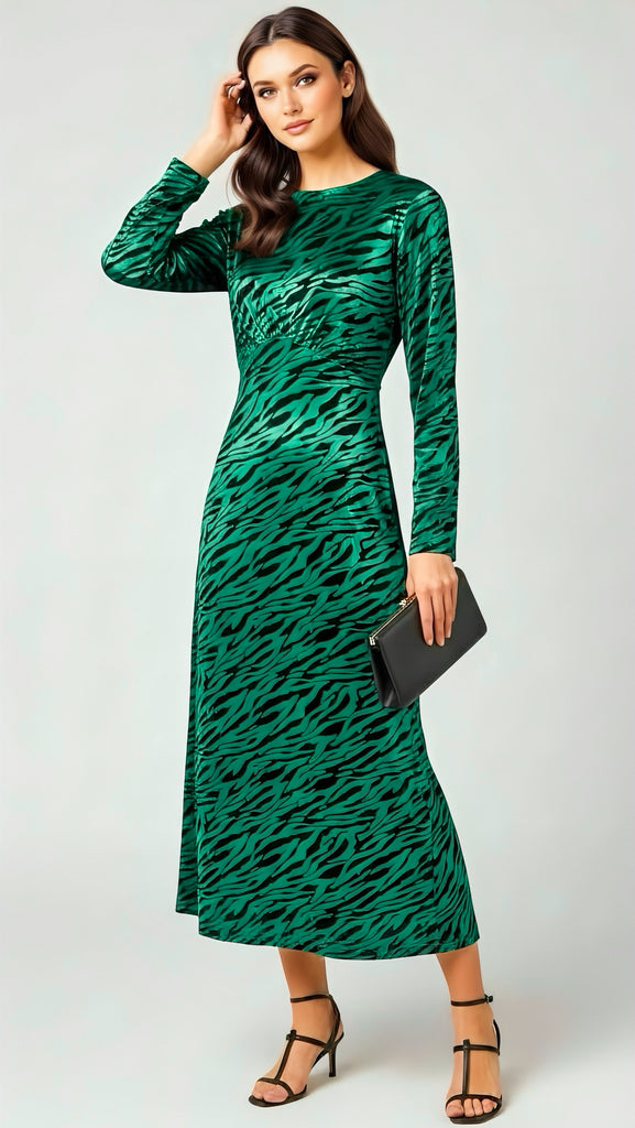 A2722 Zig Zag Velvet Midi Dress Green