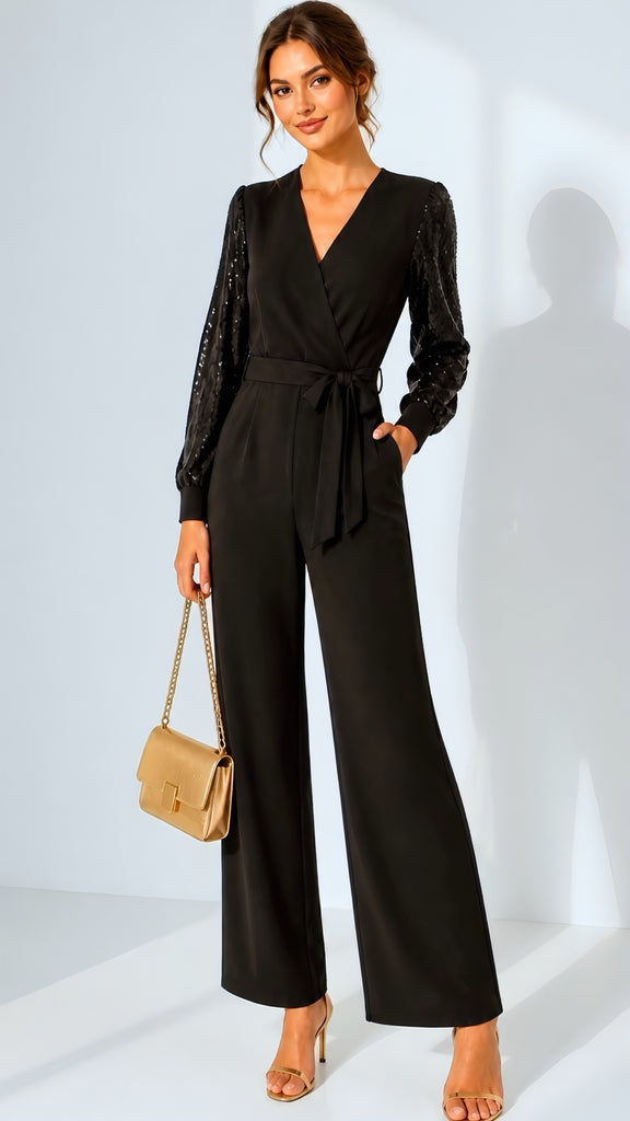 A3281 Black Sequin Sleeve Jumpsuit
