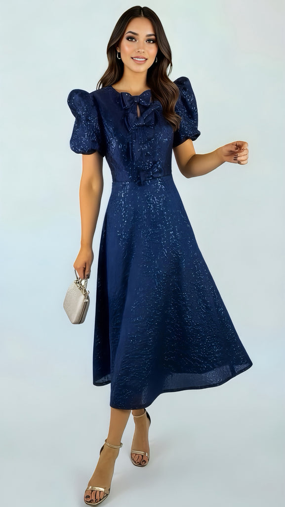 A2675 Emmy Navy Brocade Flare Dress