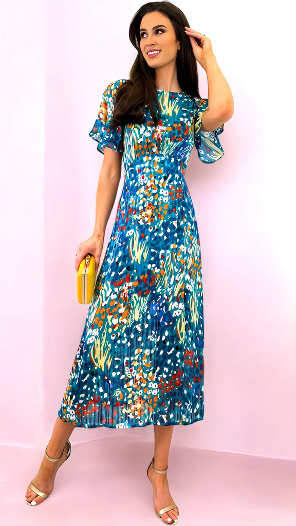 Teal Print Britney Midi Dresses dresses online party dresses occasion dresses Dressesonline.ie Ci Ci Boutique Ireland