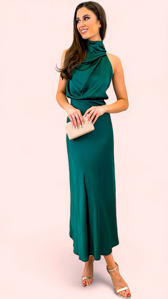 1-A1538 Green Satin Halter dress