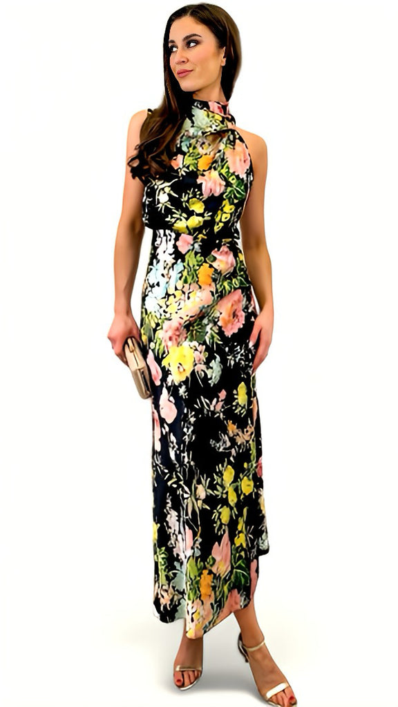 5-A1539 Black Floral Satin Halter dress