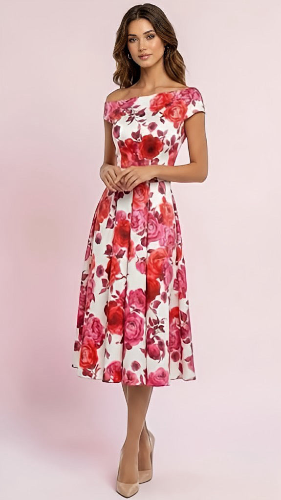 A3063 Sueann Floral Bardot Flare Dress