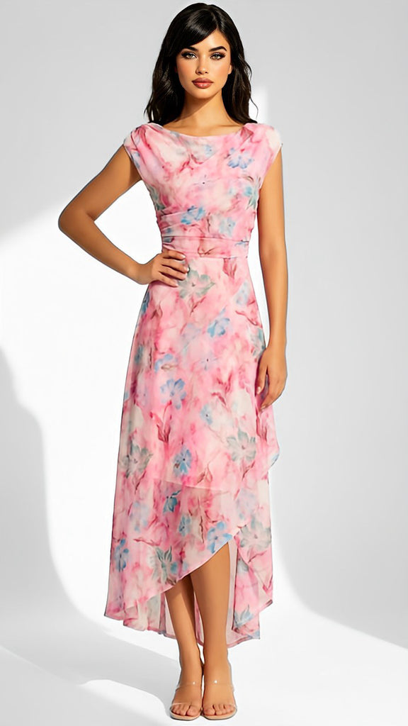 2-A2931 Pink Floral Asymmetrical Dress