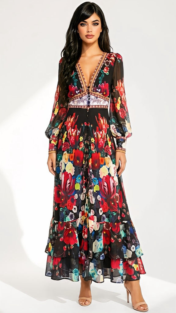 A2946 Bonny Black Floral Flounce Dress