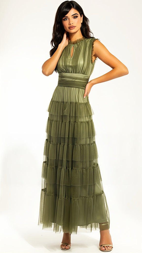 A2905 Khaki Malva Flounce Maxi Dress