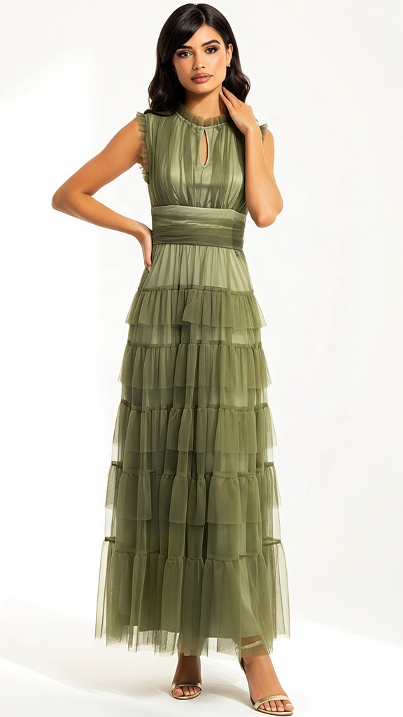A2905 Khaki Malva Flounce Maxi Dress