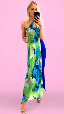 A1607 Britney Green Print Angel Sleeve Midi Dress