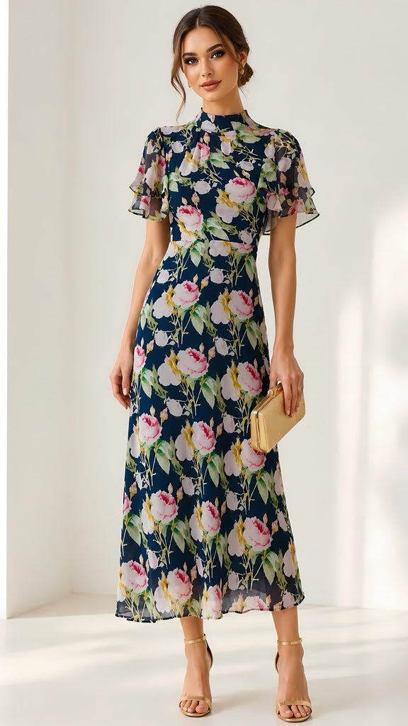 A3208 Lara High Neck Navy Floral Dress
