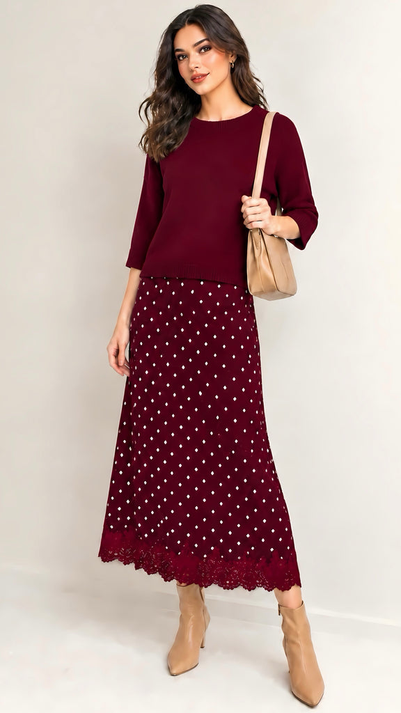 A3222 Burgundy Top & Skirt Set