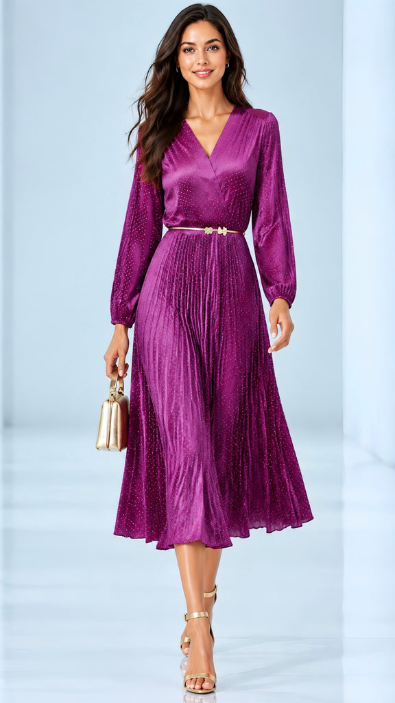 A3273 Plum Sparkle Velvet Pleat Dress