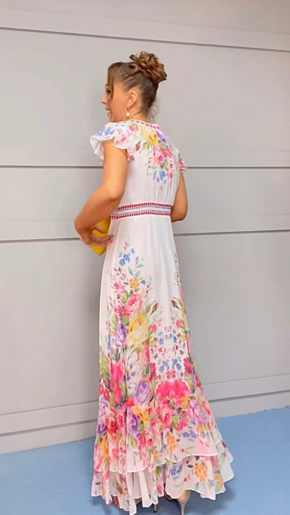 A2993 Pamela White Floral Flounce Dress