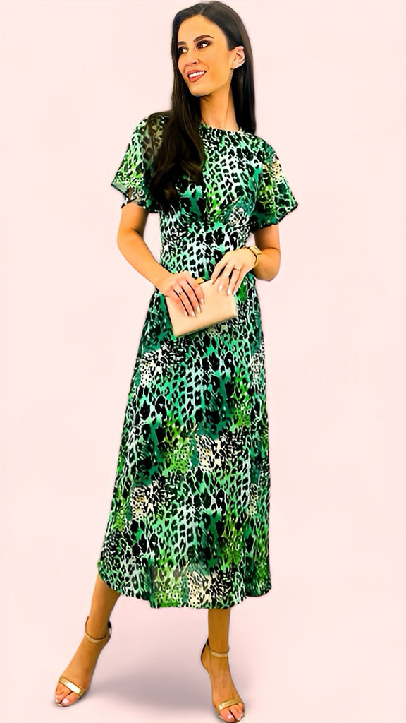 Britney Green Print Angel Sleeve Midi Dresses dresses online party