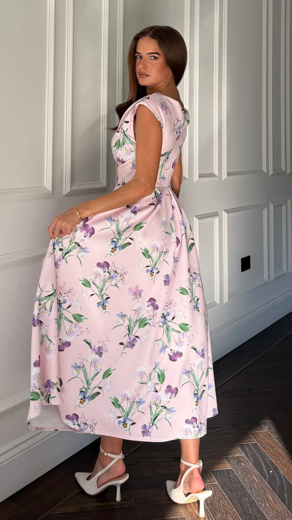 strapless open back dress Pink Floral Lace Slip Dress | Asymmetrical Ruffle Midi | Romantic V-Neck  Open Back | Summer Wedding Guest Garden Party Dress main image 1
