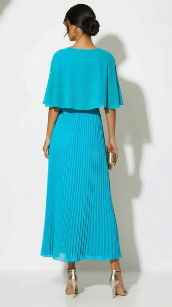 A3035 Turquoise Cape Pleat Dress