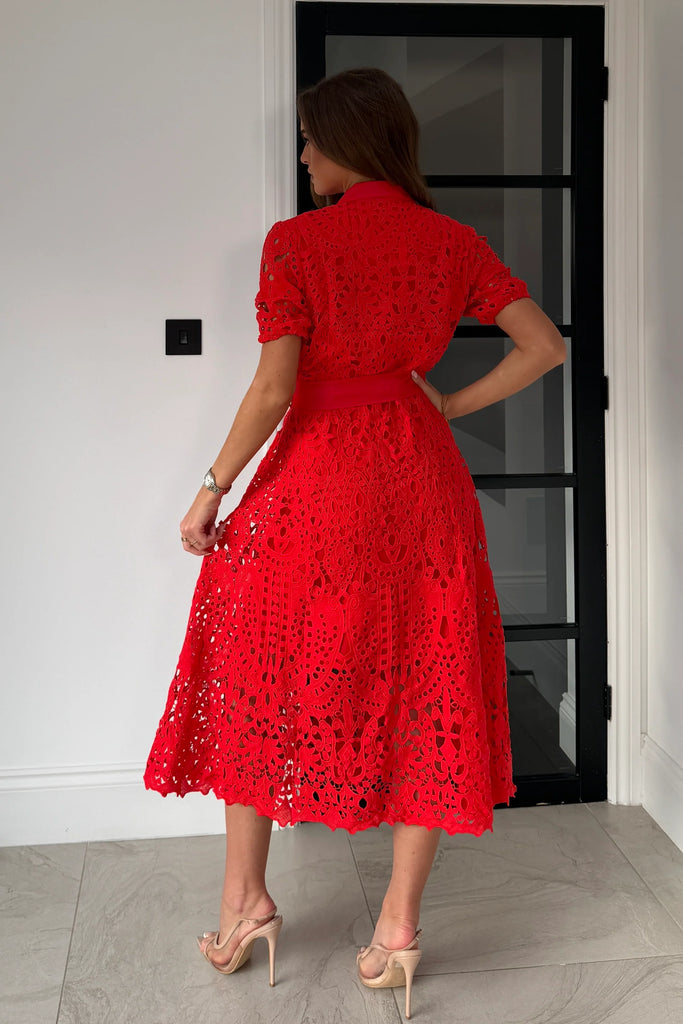 A3040B Red Crochet Meadow Shirt Dress