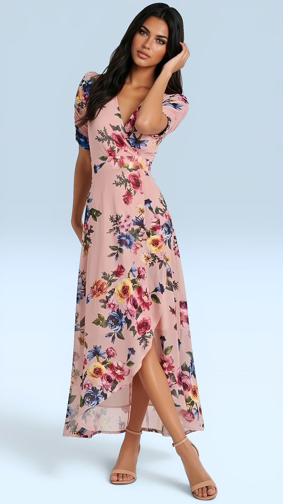 A3126 Pink Floral Ruched Sleeve Dress