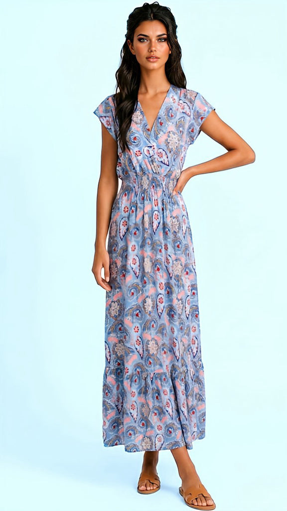 A3102 Vicki Blue Print Maxi Dress
