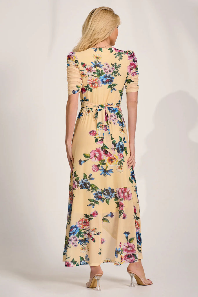 A3117 Yellow Floral Ruched Sleeve Dress