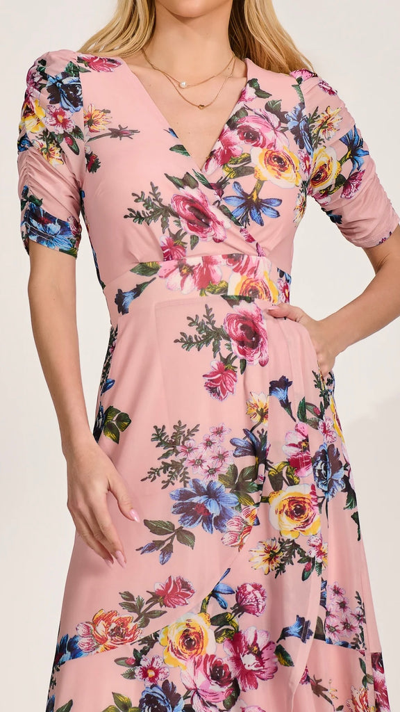 A3126 Pink Floral Ruched Sleeve Dress