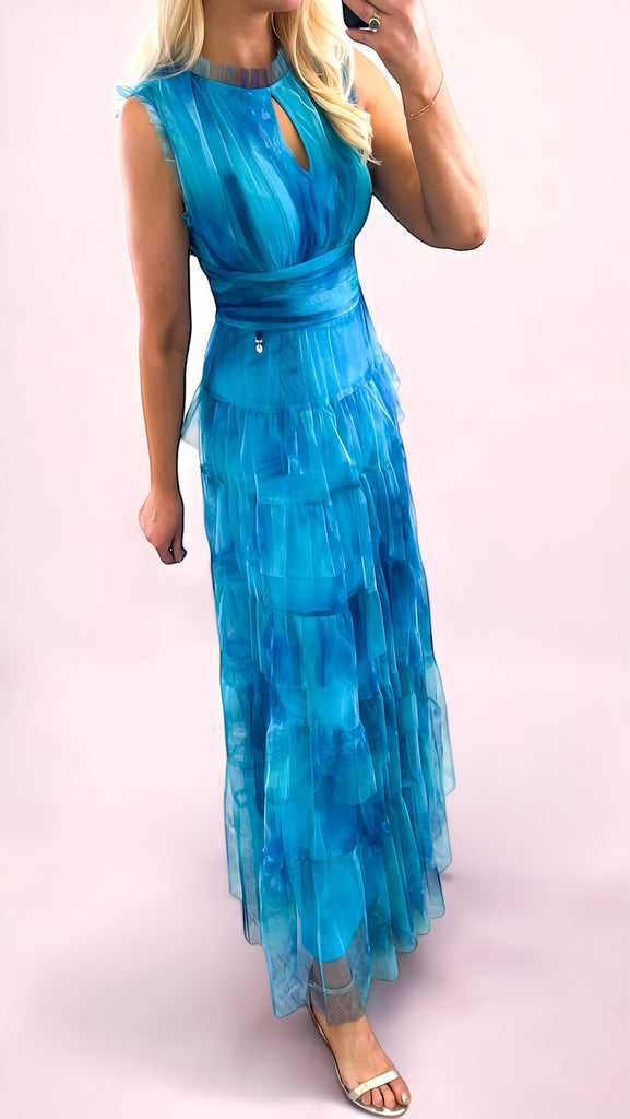 A2249 Turq Print Malva Flounce Maxi Dress