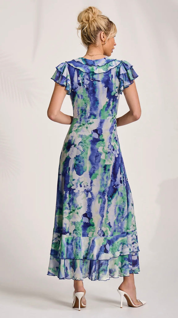 A3148 Blue Abstract Ruffle Dress