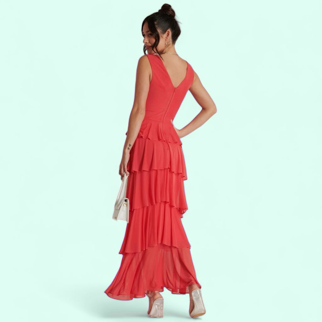 5-A1611 Coral Mesh Tierred Midaxi Dress