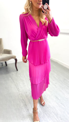 A0890 Pink Aztec Pleat Dress