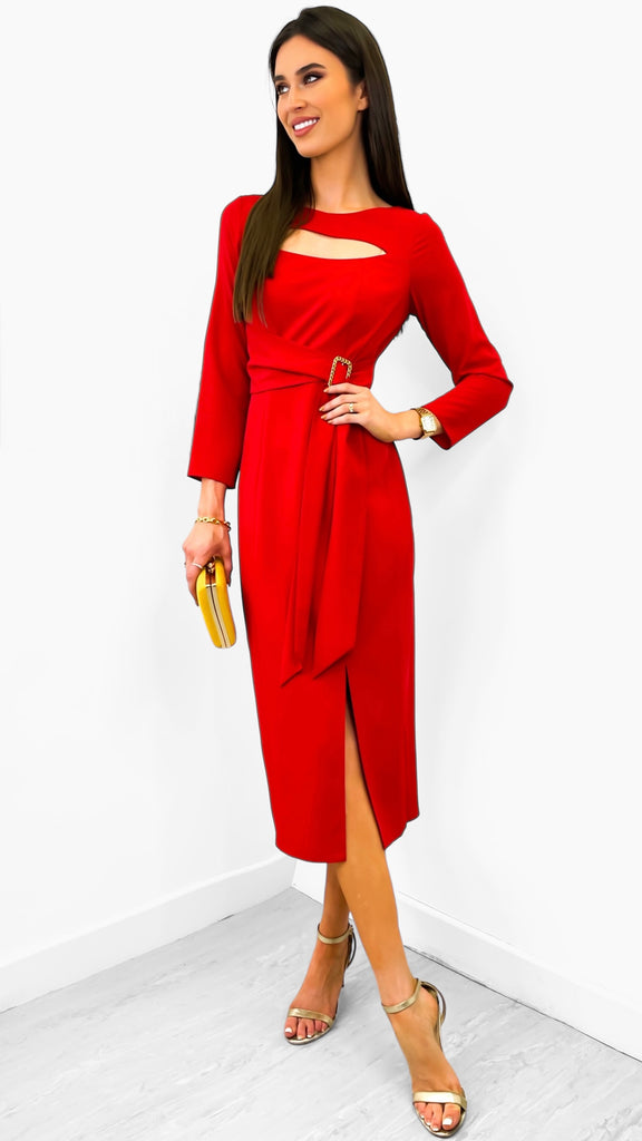4-A1857 Leary Red Keyhole Neckline Dress