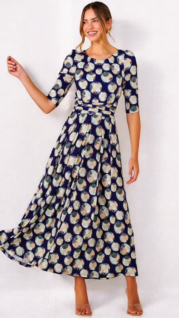 5-A2193 Enya Navy/Beige Circles Midi Dress