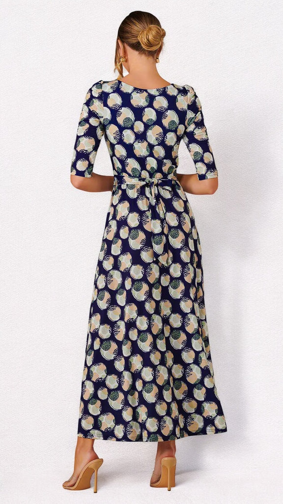5-A2193 Enya Navy/Beige Circles Midi Dress