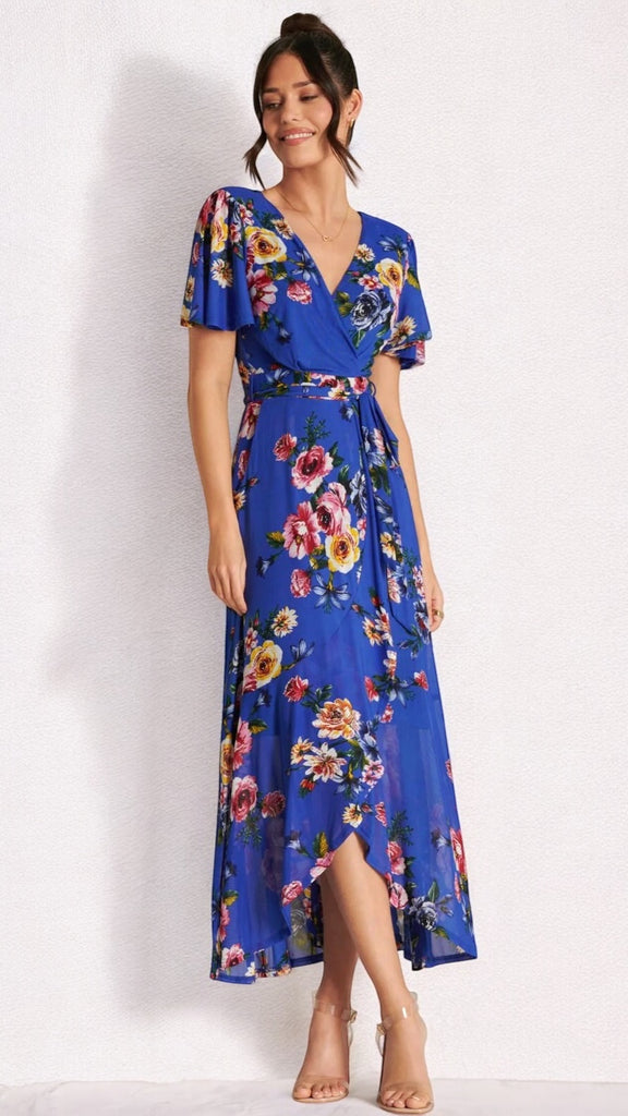 1-A2195 Royal Floral Dip Hem Frill Dress