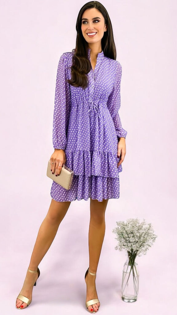 A2248 Lilac Print Chiffon Flounce Dress