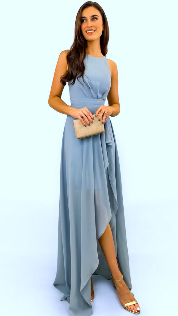 A2263 Baby Blue Frill Dip Hem Dress